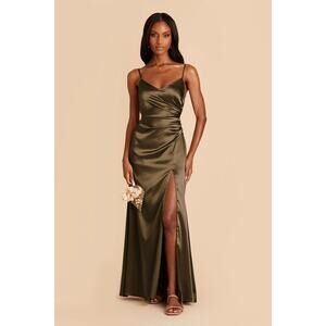 Birdy Grey Catherine Dress Shiny Satin Olive Bridesmaid Wedding Gala Size S